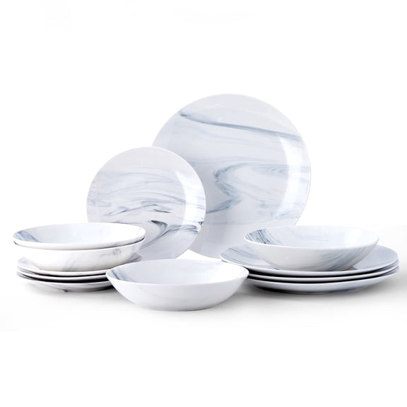NONTA 12 Pcs Dinnerware Sets for 4,Plates and Bowls Sets,Microwave and Dishwasher Safe Kitchen Dinner Set,Scratch Resistant Dishware Dishes Set, Blue&White