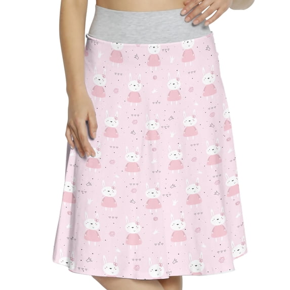 Women's Bunny Rabbits in Pink Dress A-line Printed Skirt Casual Wear, L, Pale Pink White Black, by Ambesonne