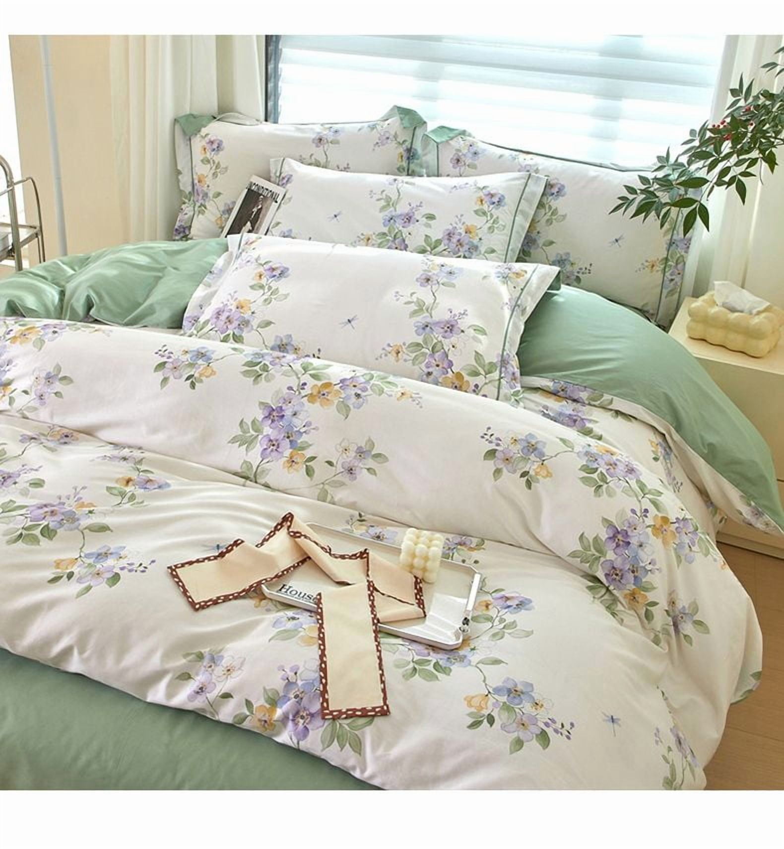 100% Cotton Duvet Cover Set 3Pcs Queen 1 Comforter Cover 2 Pillowcases Bedding Set Floral Printed Soft Breathable