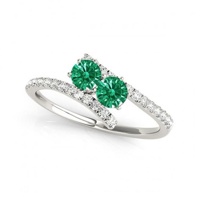R781-EM-D-.25-14W-i-1 0.25 14K White Gold Emerald Two Stone Rings, i-1 Round