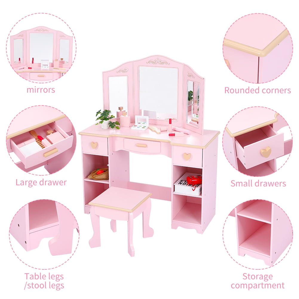 Garvee Kids Vanity Set with Mirror and Drawer - Girls' Vanity Table and Chair Set with Wood Makeup Playset, Perfect for 3-9 Yr, Pink