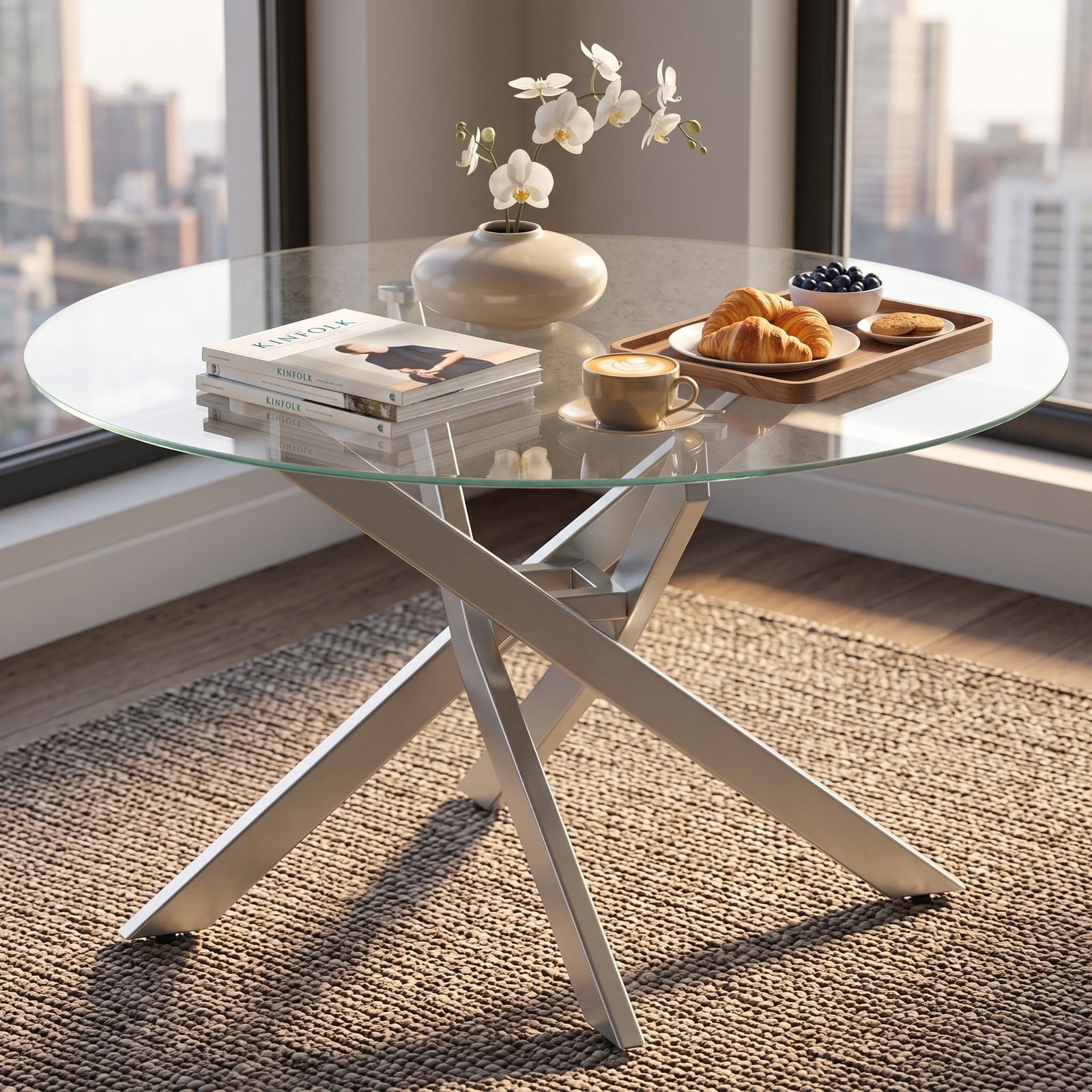 Furnibear Round Glass Coffee Table, Modern Tempered Glass Top Center Table with Geometric Metal Frame for Living Room, Adjustable Foot Pads, Clear & Silver