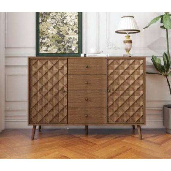 Luku Modern Diamond Carved Sideboard Cabinet, MDF Particleboard Buffet with 4 Drawers, 2 Doors, Solid Wood Legs, Large Storage for Dining Room, Entryway