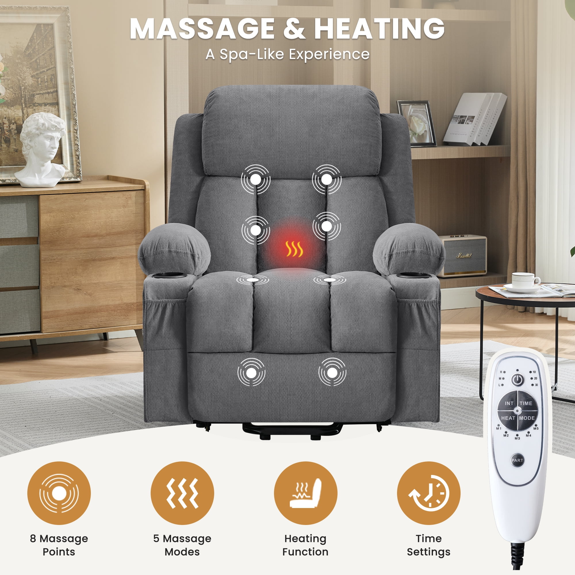 Segmart Power Lift Recliner Chair with Vibration Massage and Heat Ergonomic Lounge Chair for Living Room with Rocking Function and Side Pocket, 2 Cup Holders, USB Charge Port, Gray
