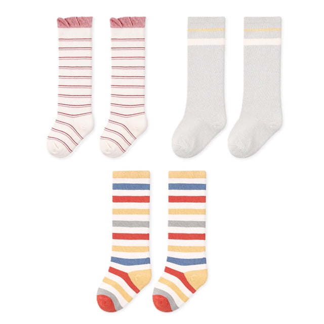 Laklulu 3 pares de calcetines de cuello redondo suaves para primavera, verano y otoño para niños pequeños y niñas - Serie de rayas