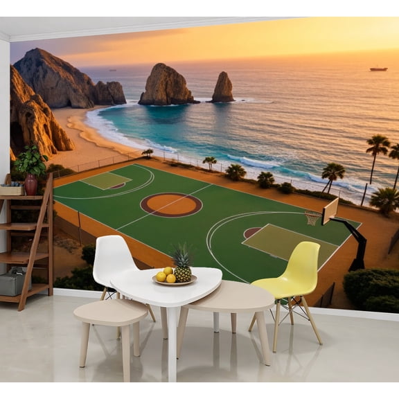 Basketball Wallpaper Scenic Basketball Court by Ocean Peel and Stick Wall Murals 69"H x 96"W Removable PVC Wall Paper Self-Adhesive Wall Paintings Art Decor for Bedroom Living Room