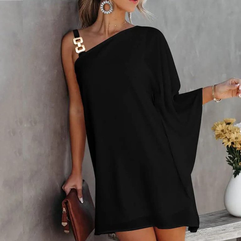 Dresses for Women One Shoulder Half Bat Sleeve Solid Loose Metal Strap Maxi Dress Black L - Walmart.com Dresses for Women One Shoulder Half Bat Sleeve Solid Loose Metal Strap Maxi Dress Black L - Walmart.com