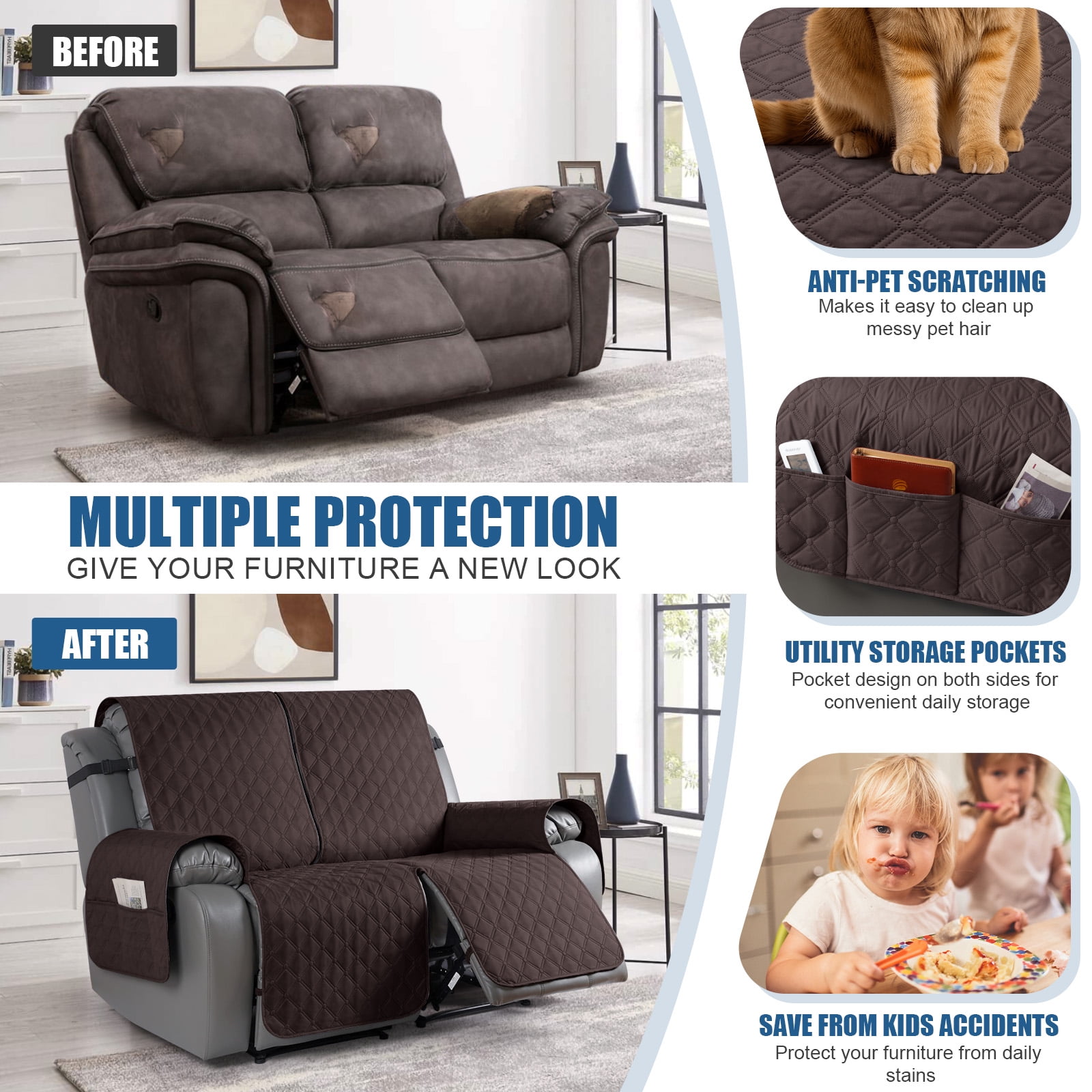 Timeles Waterproof Recliner Covers Loveseat Recliner Sofa Covers with Leg Straps Reversible Recliner Couch Cover for 2 Seat Reclining Chair Washable Couch Protector for Pets Kids (Chocolate)