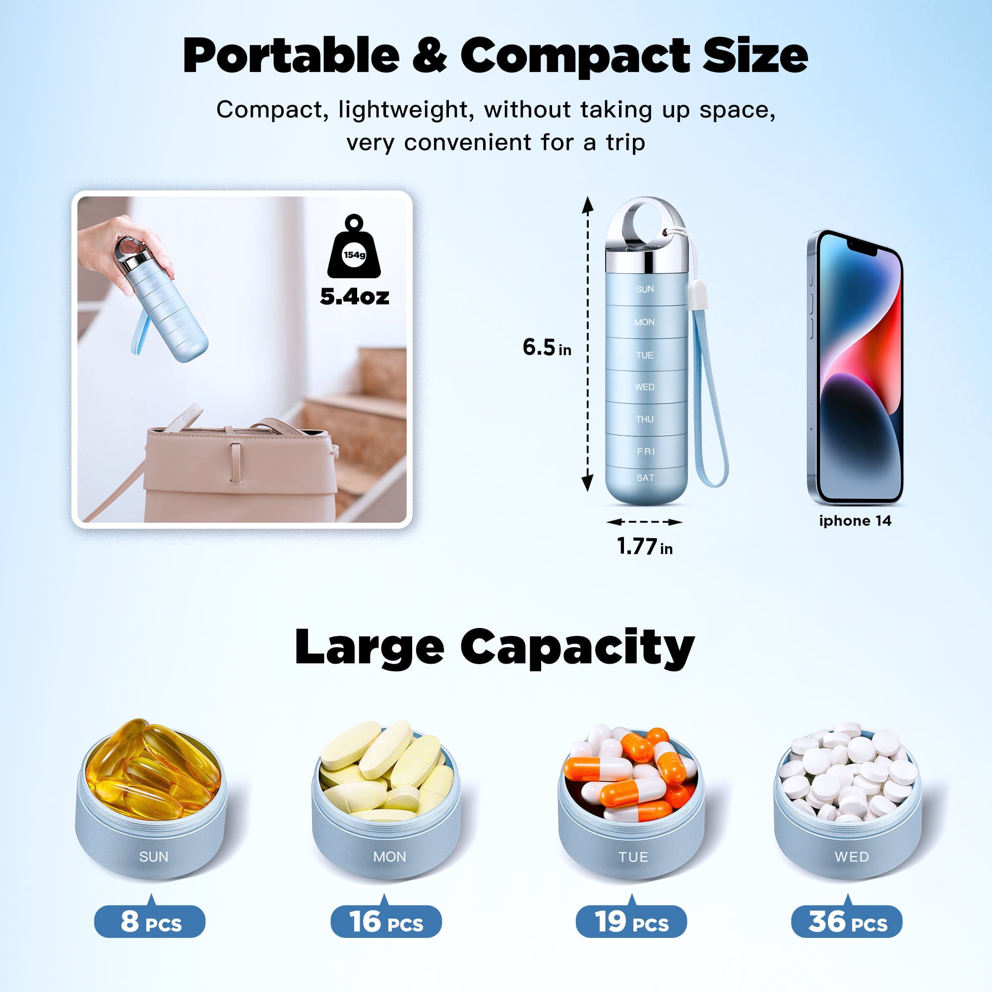Macova Metal Travel Pill Organizer, Portable Waterproof Weekly Pill Box, Large Aluminum Alloy Pill Case Container, BPA Free 7 Day Daily Medicine Organizer Holder for Vitamin, Fish Oil, Supplement