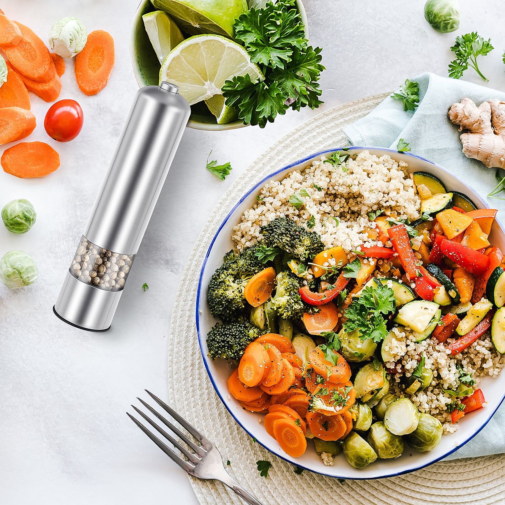 style round pepper grinder Electric Mill in Stainless Steel, Salt Mill (Salt) or Pepper Mill-Silver Color-With light