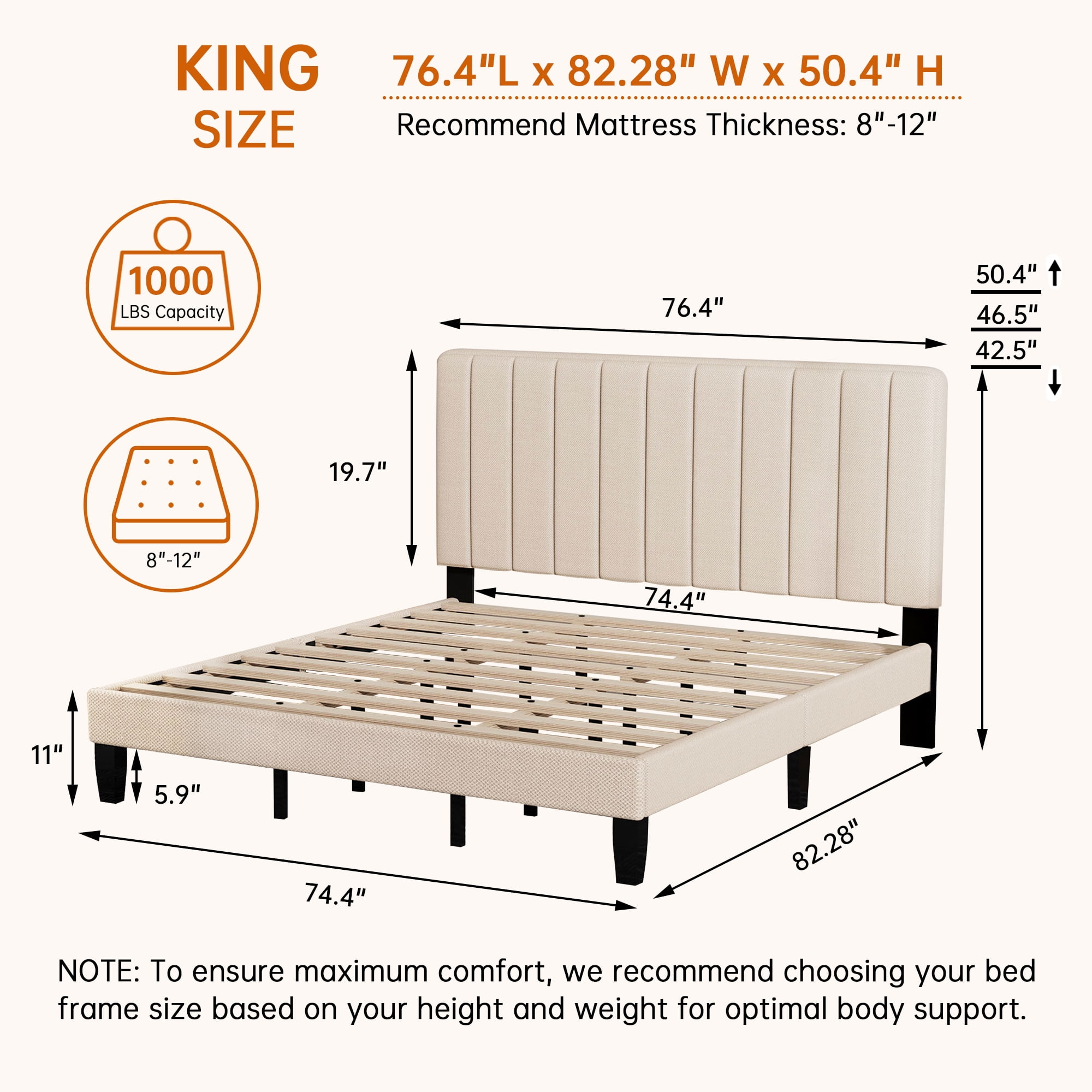Pingliang Home King Size Bed Frame with Adjustable Upholstered Headboard&Wood Slats Support,Beige