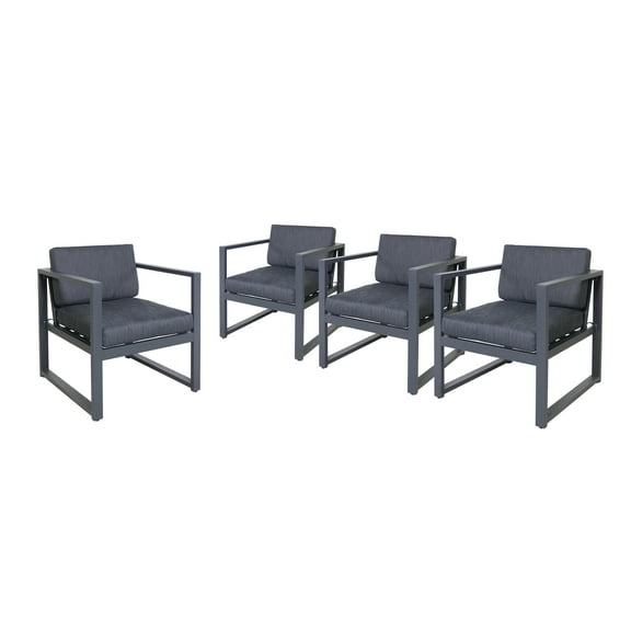GDF Studio Noah Outdoor Aluminum Club Chairs with Cushions, Set of 4, Dark Gray and Black