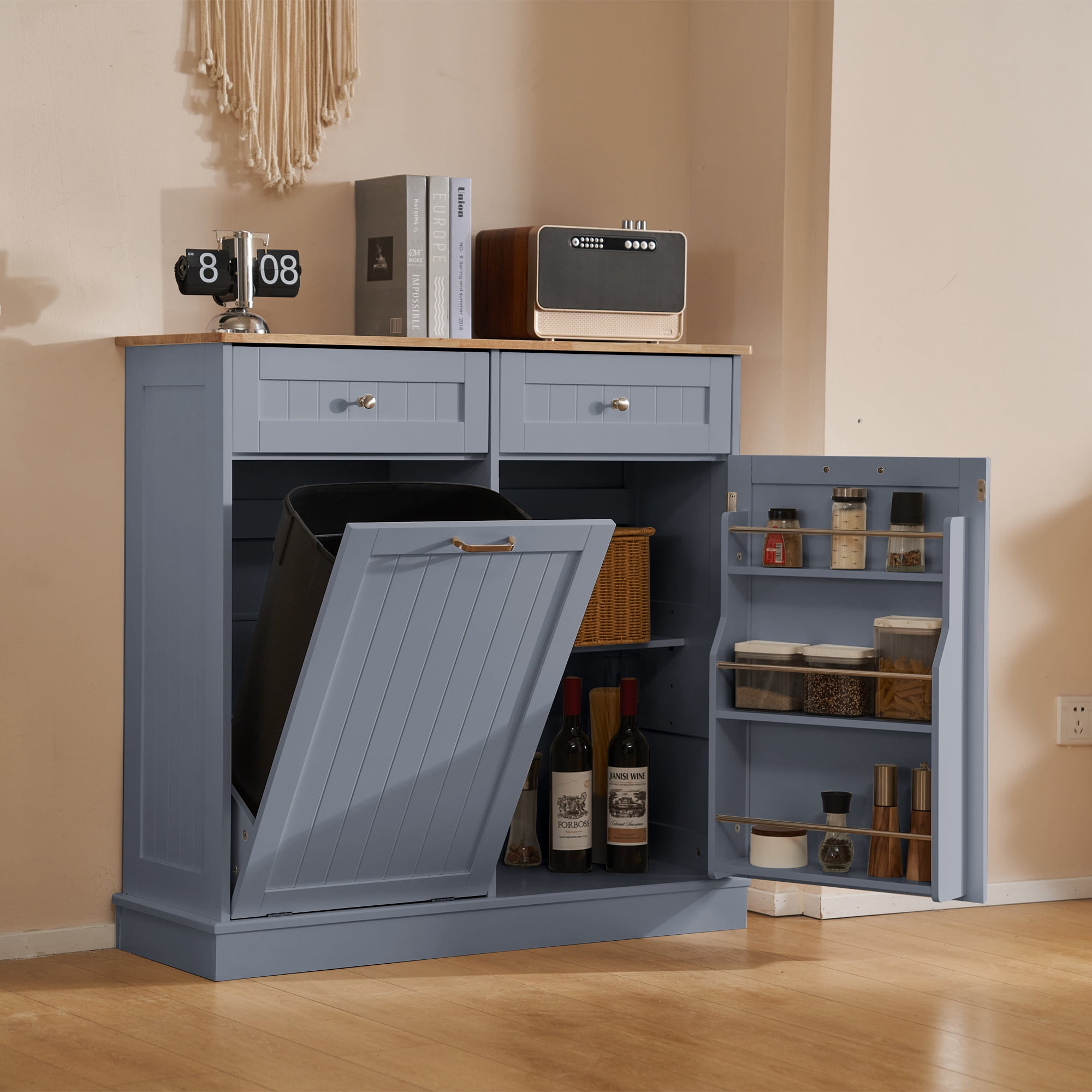 HARIPUL Single Tilt Out Trash Cabinet 13 Gallon Waste Bins Hidden Trash Bin w/ Shelf for Kitchen, Blue