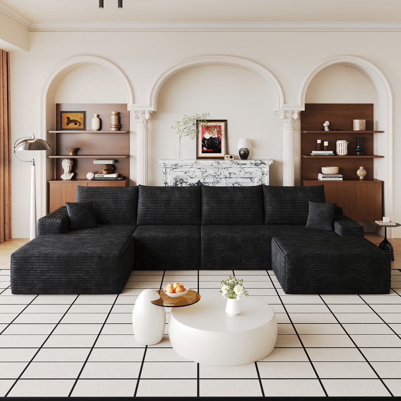 135" Cloud Sectional Sofa with Ottoman, U-Shaped Modular Sofa Couch with Chaise, Modern Minimalist Deep Seat Upholstered Sectional for Living Room, Plush Corduroy Fabric Corner Sofa