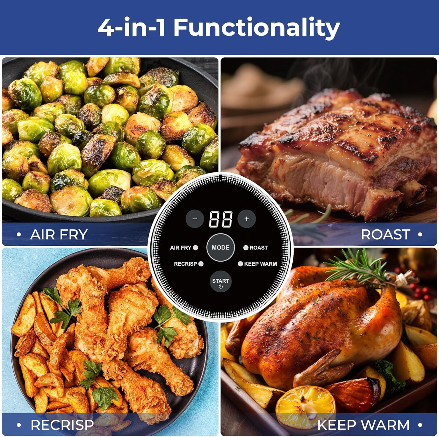 4-in-1 Portable Glass Air Fryer, 4.7QT Transparent Cooking Pot with Storage Lid & Tongs, Compact Smart for Deep Roast Recrisp Keep Warm – Navy Blue