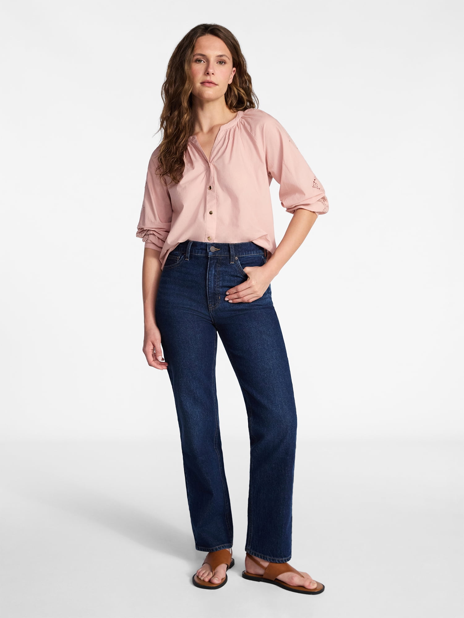 Time and Tru Women's Eyelet Blouse with Long Sleeves, Sizes XS-XXXL