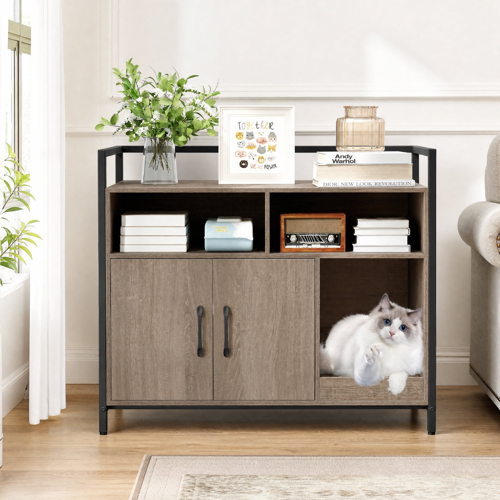 SUGIFT Hidden Cat Litter Box Enclosure, Wooden Cat Washroom Furniture with Double Doors, End Side Table Cat House Cabinet, Oak