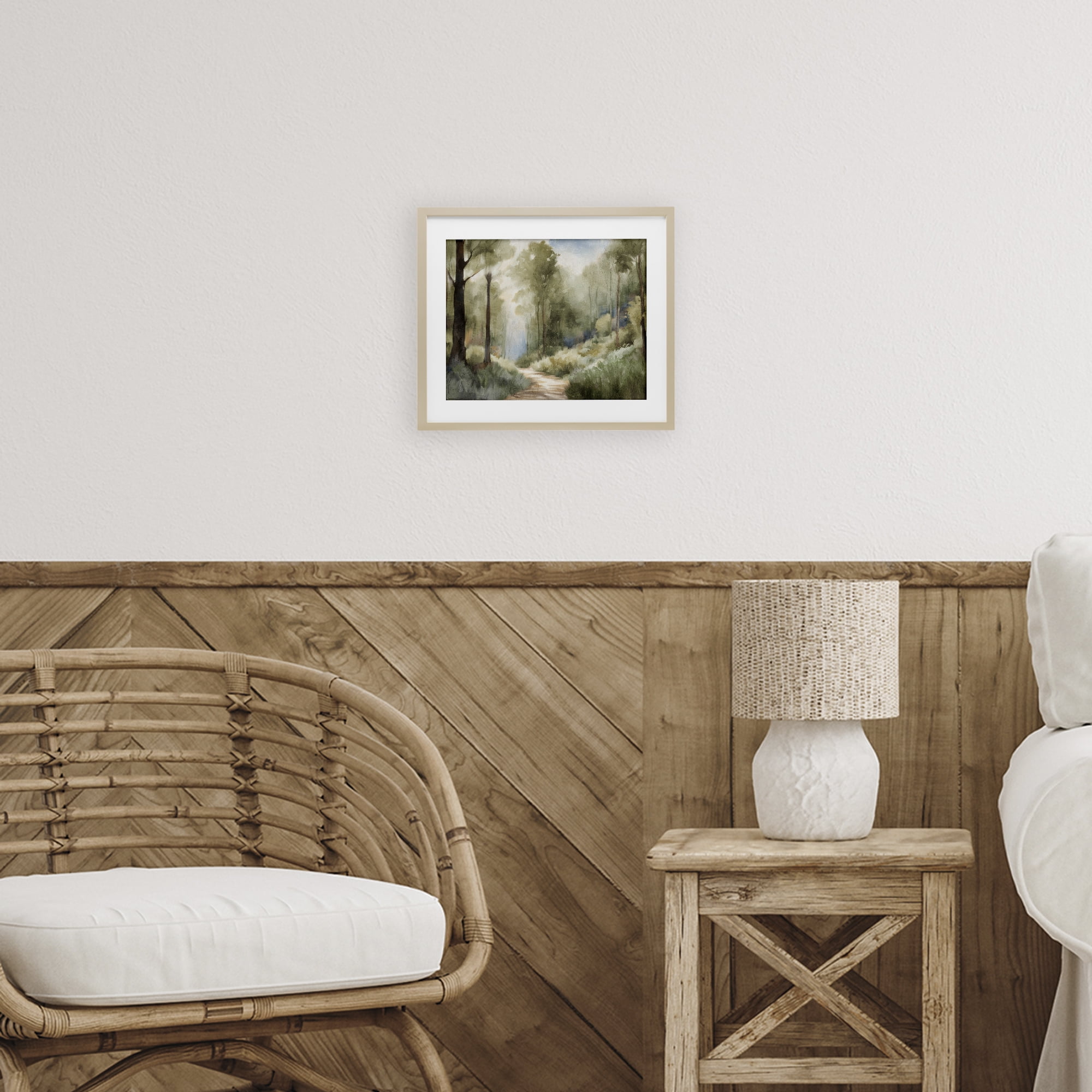 Hazy Atmospheric Walk Birch Framed Print Under Glass, design by Kim Allen