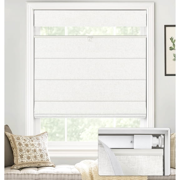LazBlinds No Tools No Drill TDBU Cordless Roman Shades for Window, Thermal Insulated UV Blocking, 100% Blackout Fabric Blinds for Bedroom & Living Room, 34"W x 64"H, Blackout - White