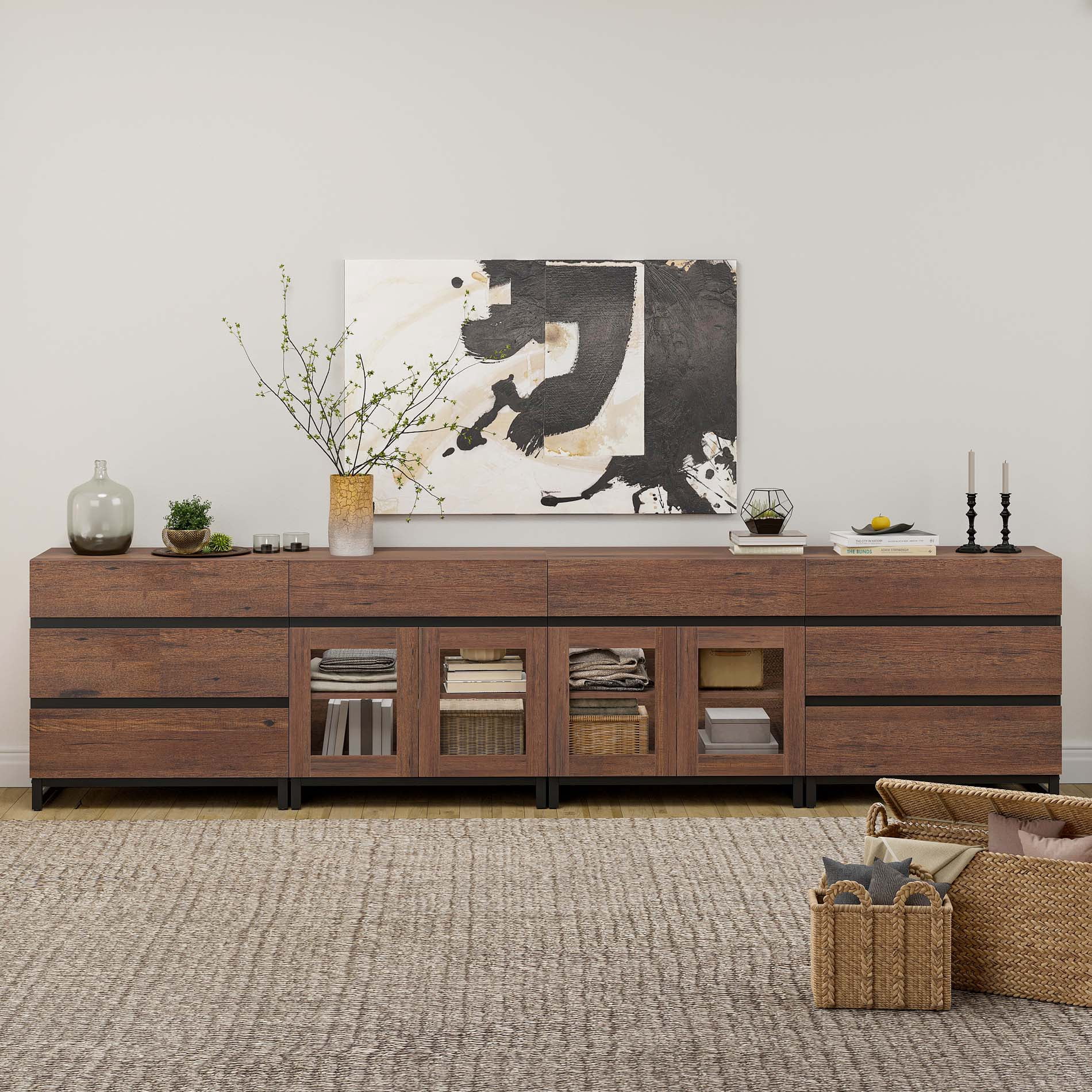 Modern Dresser with Tempered Glass Doors, 8 Drawers Storage Chest with Adjustable Shelves, 4 In 1 Household Closet Organizer for Bedroom Living Room,Brown