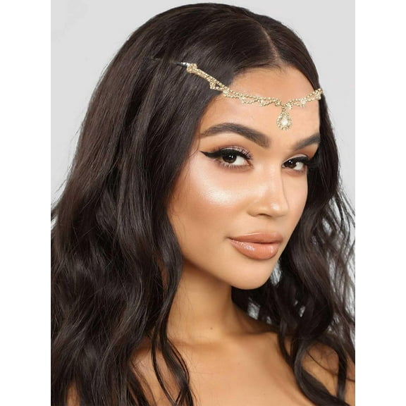 Bride Wedding Head Chain Jewelry Waterdrop Pendant Hair Chains Rhinestones Headpiece Halloween Christmas Prom Chain Hair Jewelry for Women and Girls (Silver)