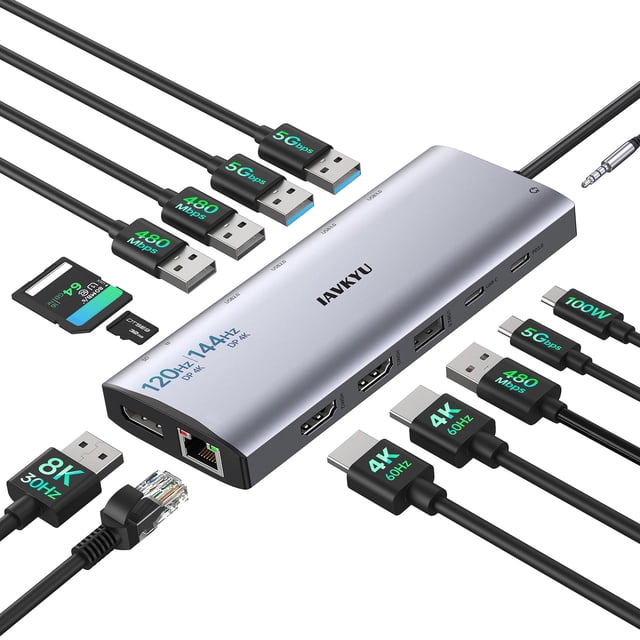 Estación de acoplamiento IAVKYU Triple 4K USB-C con 14 puertos en 1 100W PD