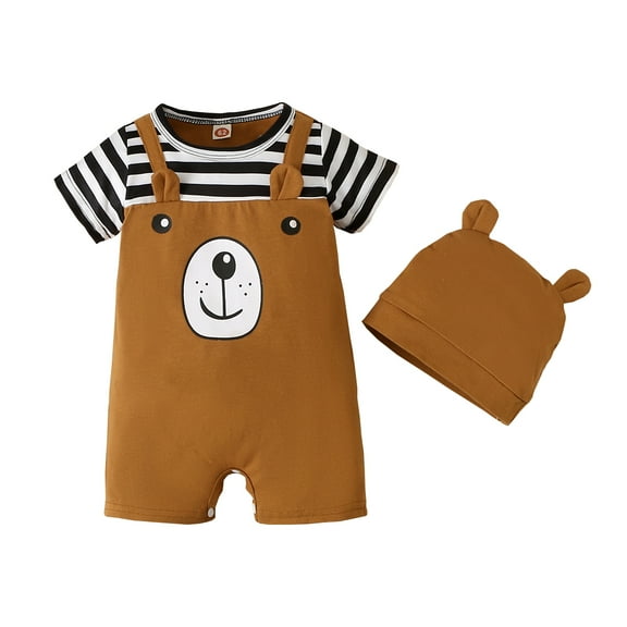 Kucnuzki Newborn Baby Boys Bodysuits Short Sleeves Rompers Bear Print One-piece with Hat 2pcs Baby Boys Clothes Summer 3-6 Months