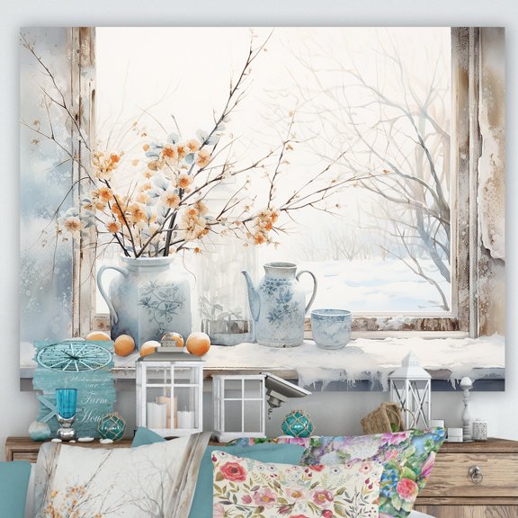 Designart "Winter Charm of Cottage Window III" Farm Wall Art - Country Beige Farm Windows Entryway Wall Art Print