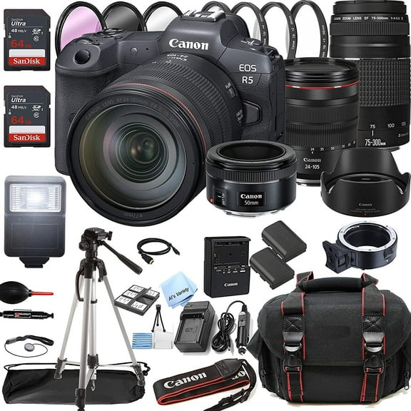Canon EOS R5 with RF 24-105mm F/4 L is USM, 75-300mm F/4-5.6 III, 50mm F/1.8 STM Lenses, 128GB Memory SD Card and More (International Version)
