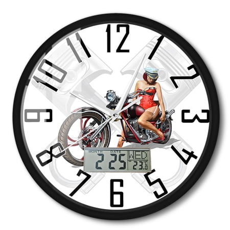 b 9 b 9 f 234 8 f 6 f 4 ed 7 af 98 b 575 eebe 5678 . 517 c 1 f 43024 fa 083 f 4655 bee 53 ec 3 ba Retro Motorcycle Pin Up Girl Wall Clock with Built in LCD Dispaly Temperature Calendar Date Week