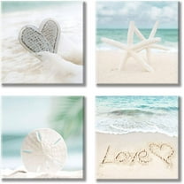 Seashell Picture Canvas Wall Art: Love & Starfish Beach Coastal Artwork Print for Wall Decor for Office(16'''' x 16'''' x 4 Panels)