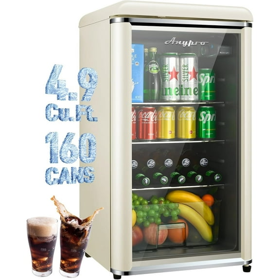Kcpolre 4.9 Cu.Ft Retro Beverage Cooler - Double Glass Door Drink Fridge with 160-Can Capacity, 7 Temp Settings, Adjustable Shelves & Quiet- Freestanding Soda/Beer Cooler for Kitchen, Bar, Dorm (Crea