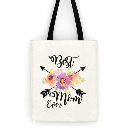 Best Mom Ever Floral Cotton Canvas Tote Bag Day Trip Bag Carry (Best Sunday Carry Bag)