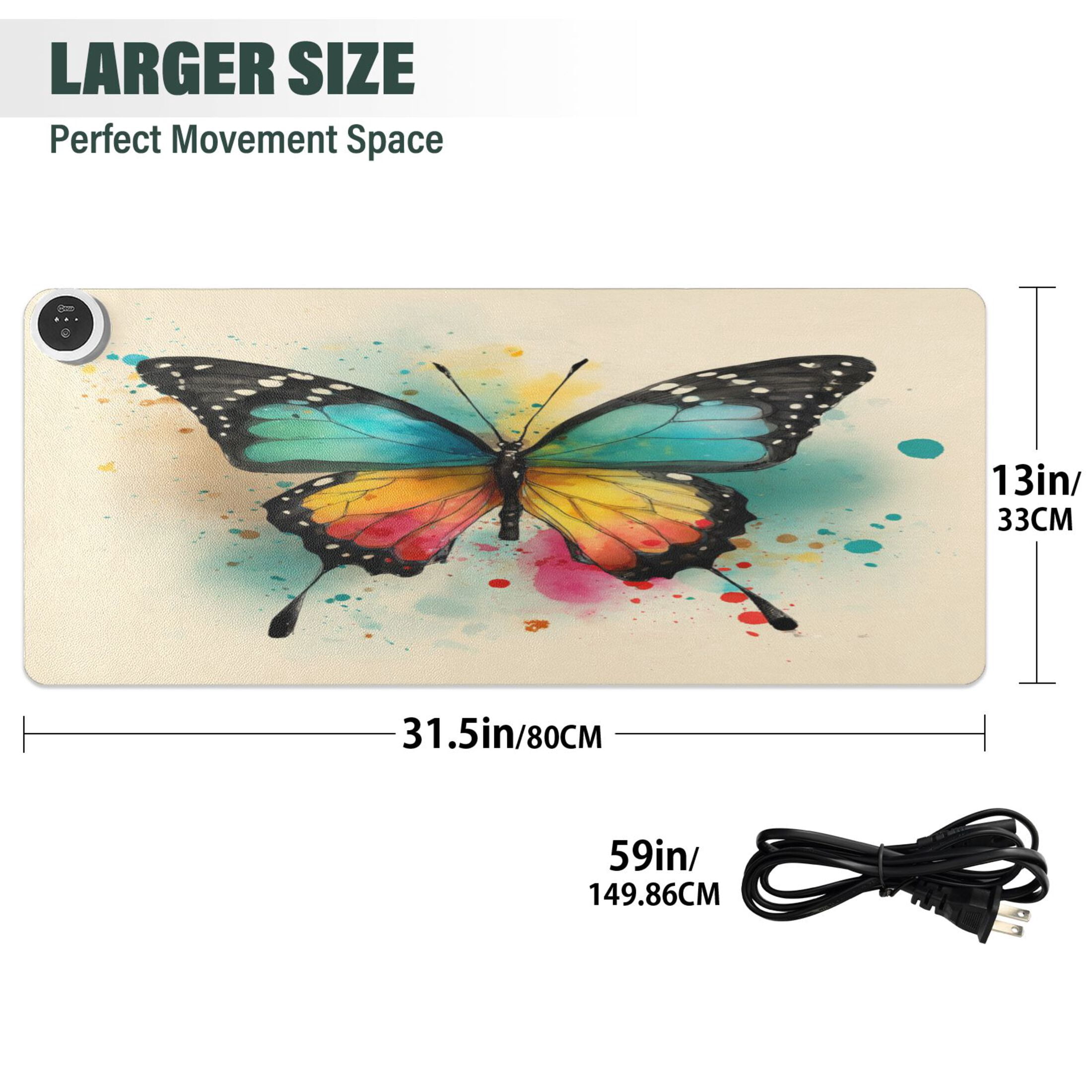 Large Heated Desk Mat Mouse Pad 31.5"x13"PU Leather Graphene Heating Desk Warmer with 3 Temperature Settings 110V US Plug Non-Slip Warm Pad for Home, Office, and Gaming Warm Gradient Butterfly Art