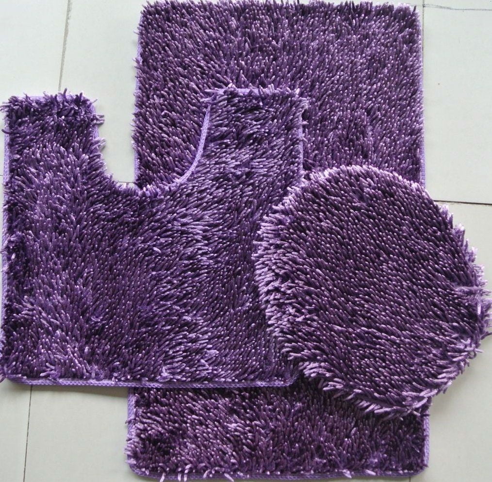 CONTOUR RUG AND LID COVER SET 3 PIECE SHINY SOFT PADDED CHENILLE SHAG BATH RUG 