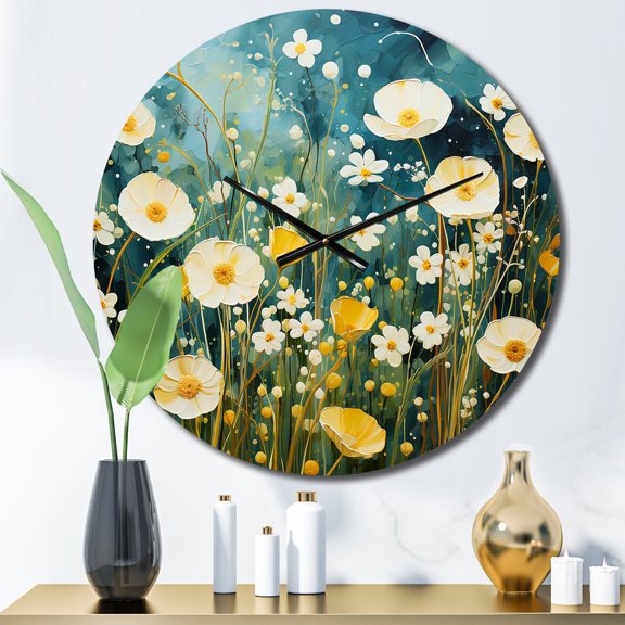 Designart "Blue White Buttercups Buttercup Meadow" Floral Oversized Wall Clock
