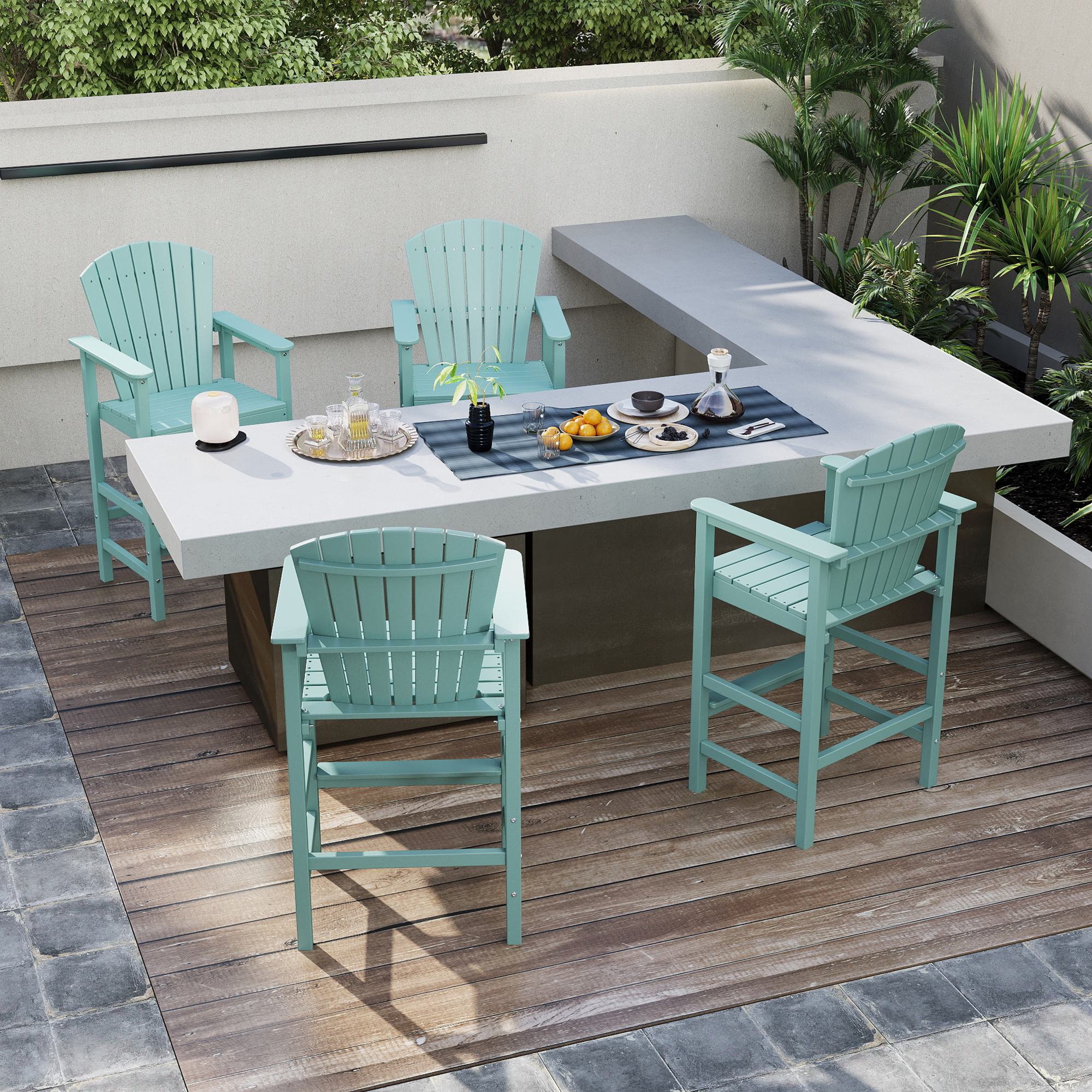 Tall Adirondack Chair Set of 2, HDPE Balcony Chair with Double Connecting Tray, Outdoor Weather Resistant Adirondack Chair, Aruba Blue