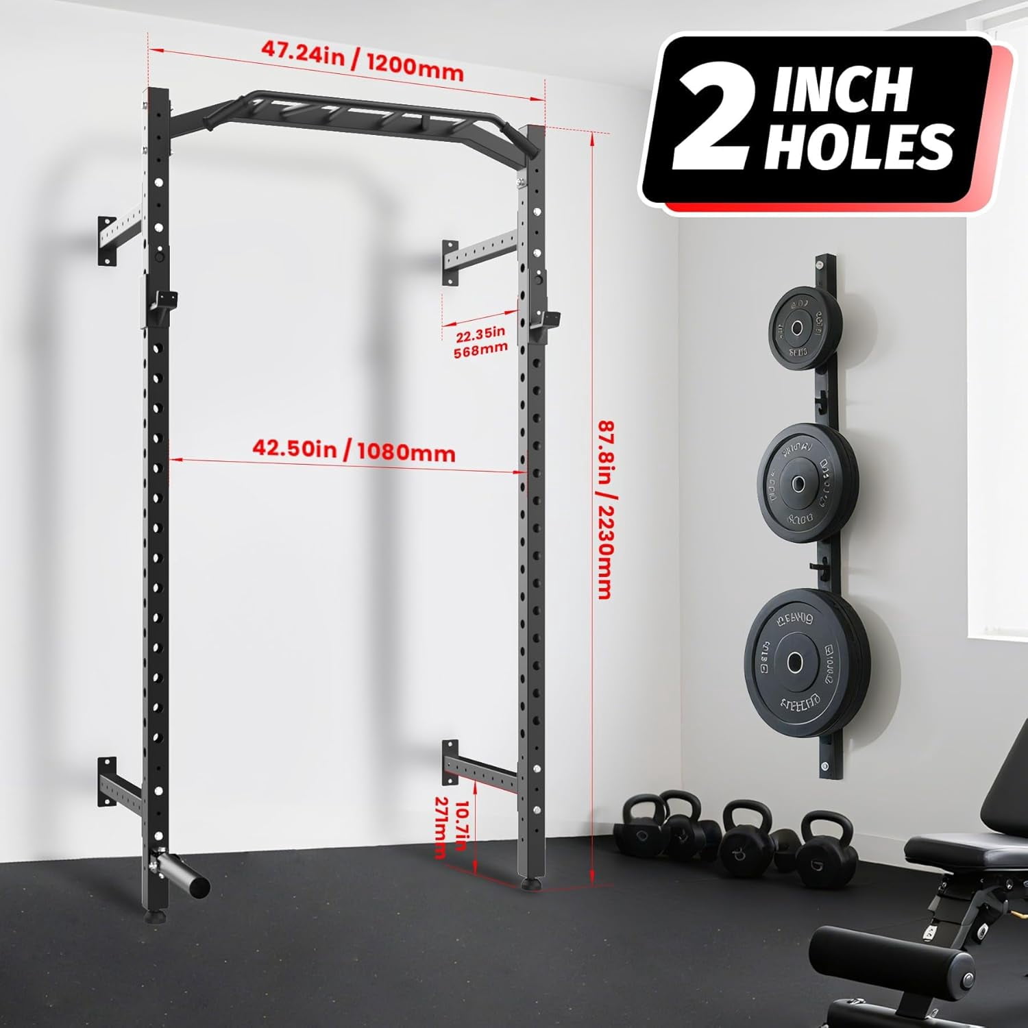 Commercial Wall Mounted Squat Rack, Heavy Duty Carbon Steel Home Gym Equipment with Multi-Grip Pull Up Bar, j-Cups & Landmine Attachment for Home and Garage Gym, Black/Red