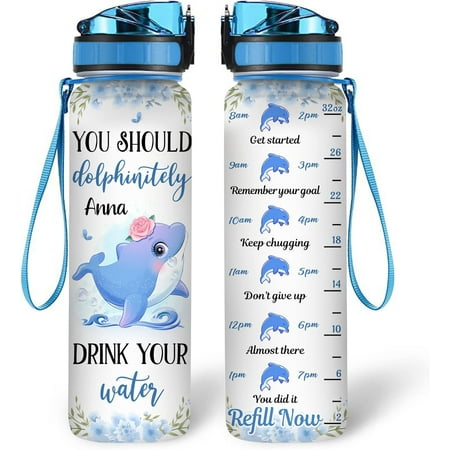 

Personalized Dolphin Lovers 32Oz Liter Motivational Water Bottle You Should Dolphinitely Customized Name Water Bottle With Time Marker Gift For Women Girl On Birthday Mother Day s