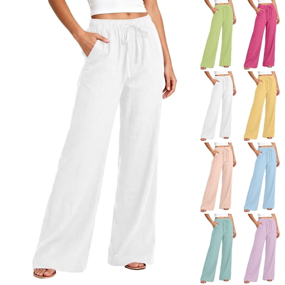 Frostluinai Elastic Waist Pants for Women Drawstring Cotton Linen Wide Leg Pants Solid Color Lounge Pants Baggy Beach Palazzo Pants with Pocket
