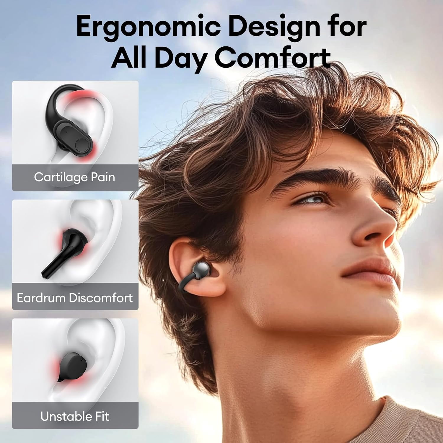 M100 Clip On Ear Headphones AI Open Ear Earbuds Wireless Bluetooth 5.4, Clip On Earbuds with LCD Touchscreen, Lightweight Comfort Open Ear Headphones for Sports, Fitness, and Workouts