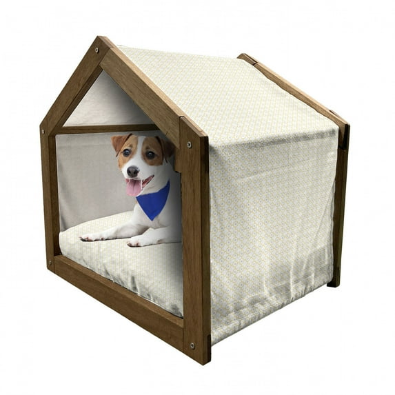 Quatrefoil Pet House, Moroccan Style Lattice Pattern Dots in Daisy Diamond Petals 4 Leaf Clover, Outdoor & Indoor Portable Dog Kennel with Pillow and Cover, 5 Sizes, Brown White, by Ambesonne