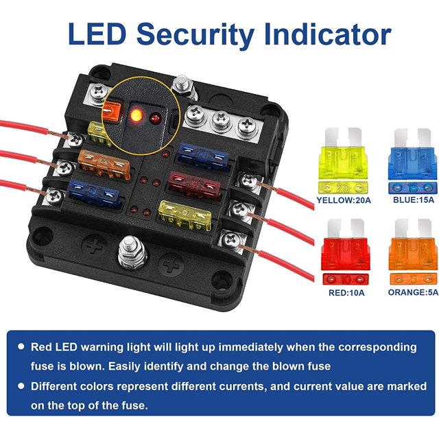 Caja de fusibles de 6 vías, portafusibles con bus negativo, bloques de fusibles de hoja con 12 fusibles, 6 luces indicadoras LED, cubierta protectora para automóviles de 12 V/24 V, automóviles, barcos, camiones marinos, SUV— ShuxiuWang 8390614761179