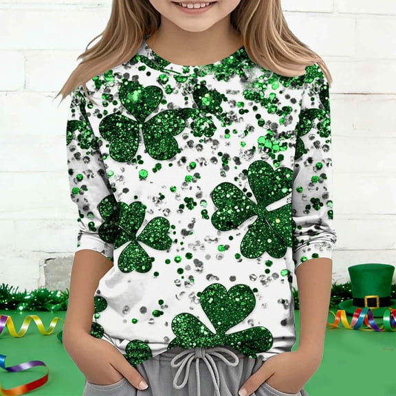 Girls St Patricks Day Shirt Long Sleeve Shamrock Print Green Top Holiday Festival Outfit Soft Cotton Tee,Size 7 T
