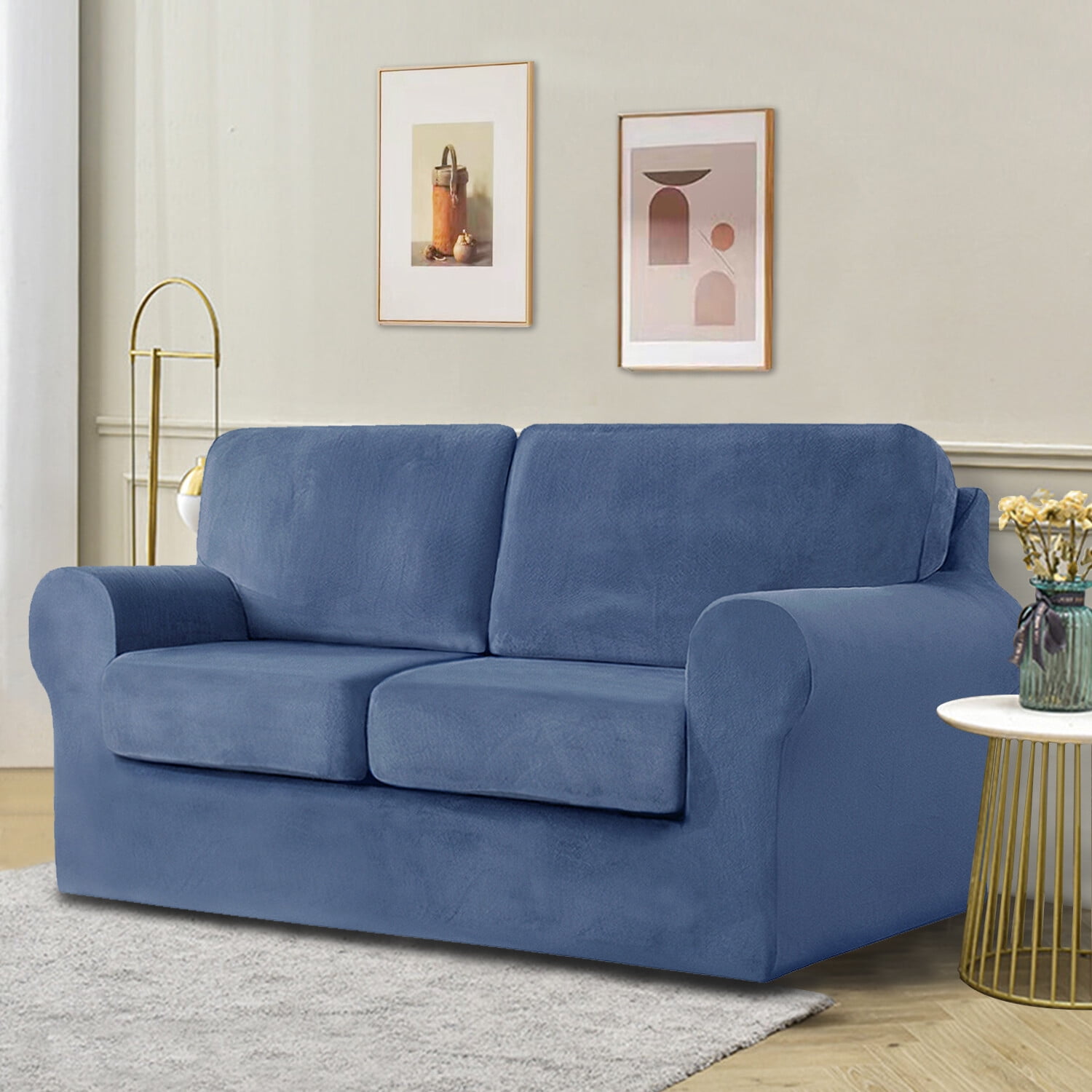 Eurhowing Velvet Sofa Slipcover, Pet-Friendly Stretch Couch Cover with Non-Slip Bottom & Cushion Covers, Washable Furniture Protector for Loveseat, Denim Blue