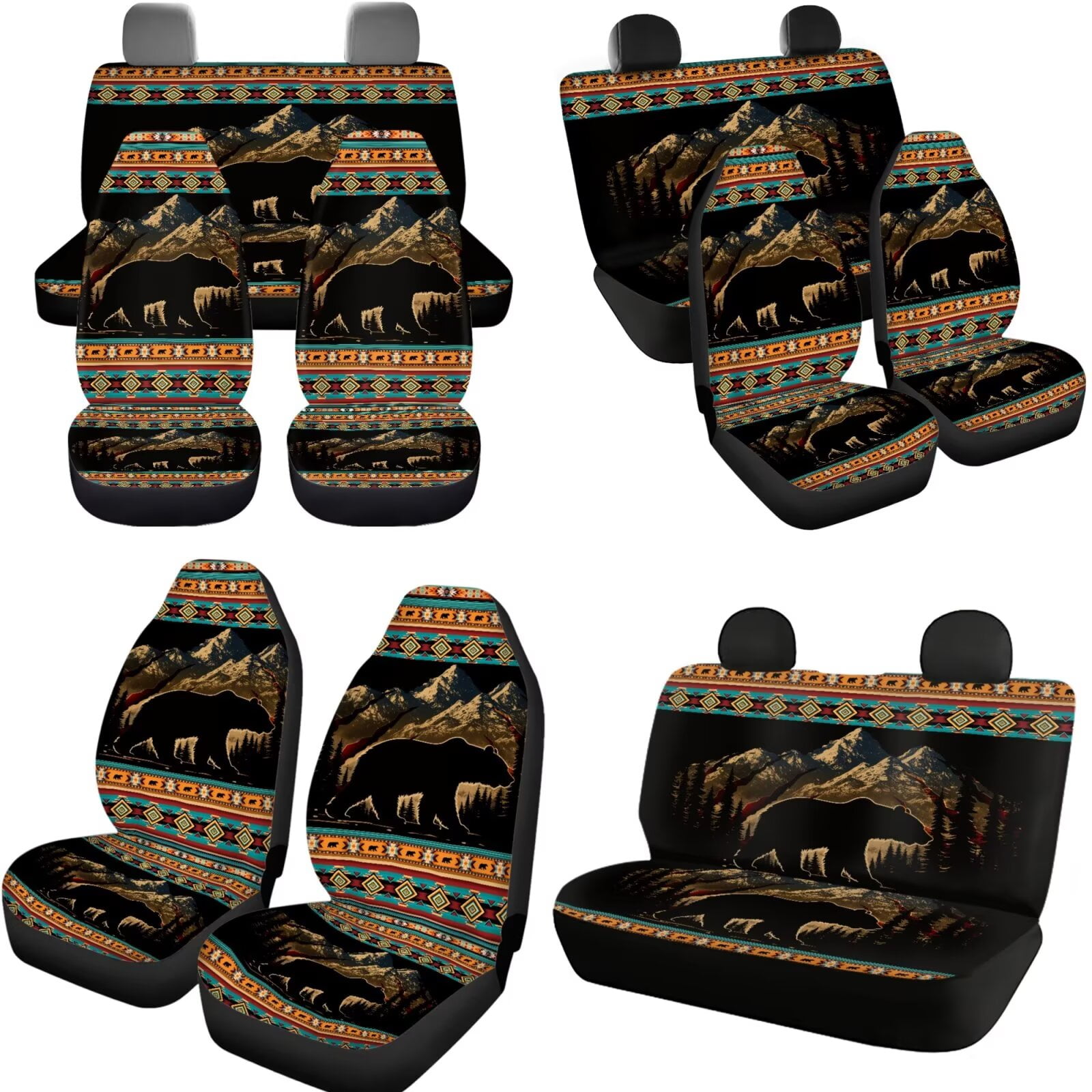 Garronmavis Aztec Mountain Bear 11Pcs Car Seat Cover with Headrest Cover+Cup Coasters+Handbrake Gear Shift Sleeve+Lanyards Key Chain Universal Fit Most Cars SUV Van Sedan Truck Interior Decor Sets