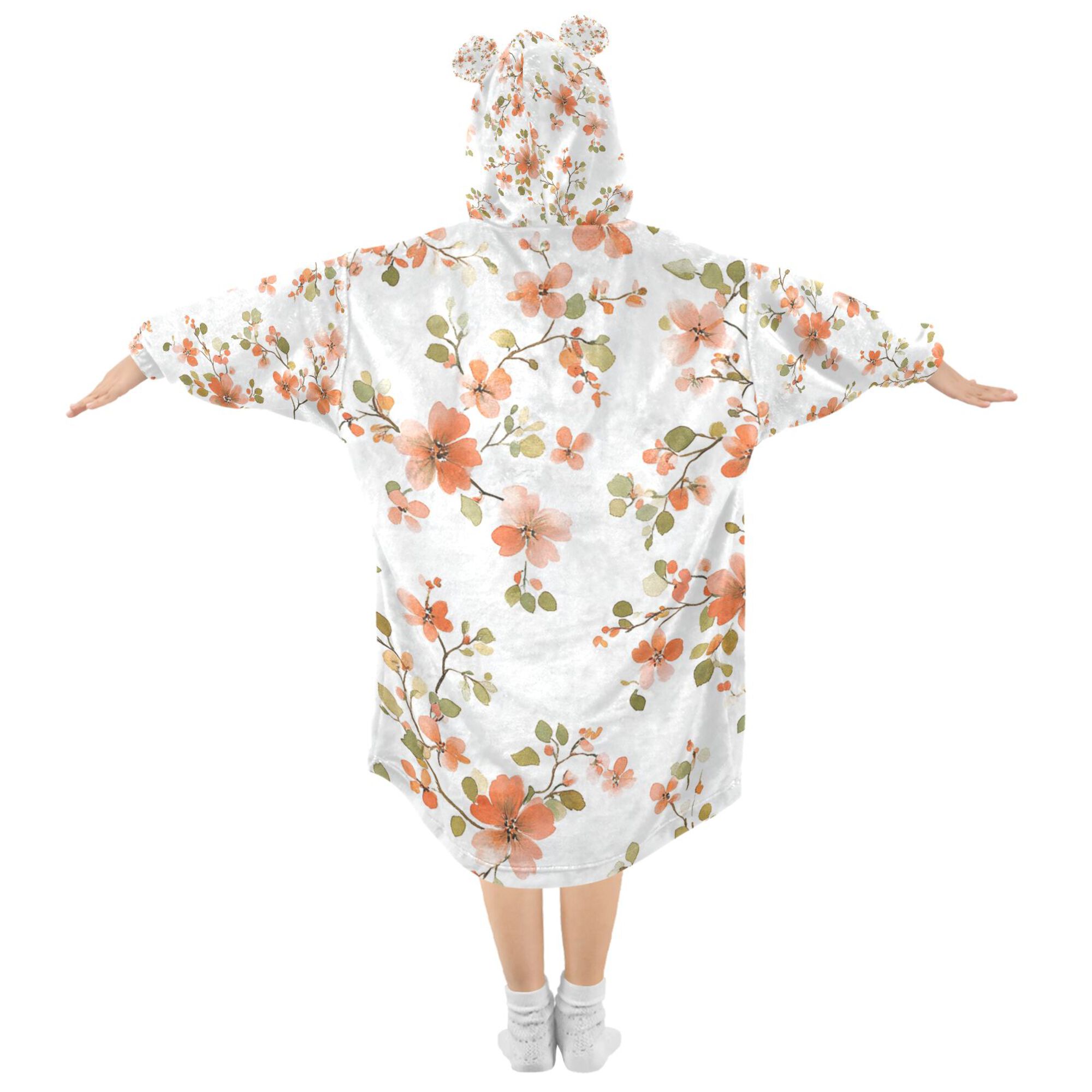 FORMRS Wearable Blanket Hoodie with Sleeves for Kids Cozy Flannel Sweatshirt, Orange Floral Blooms