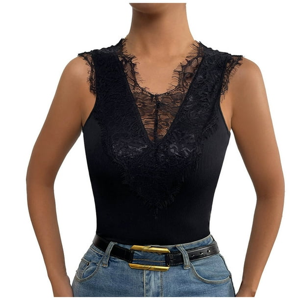 Blusa sin mangas con cuello en V de encaje sólido con cuello en V de verano de moda sexy informal para mujer Pompotops lopia988297