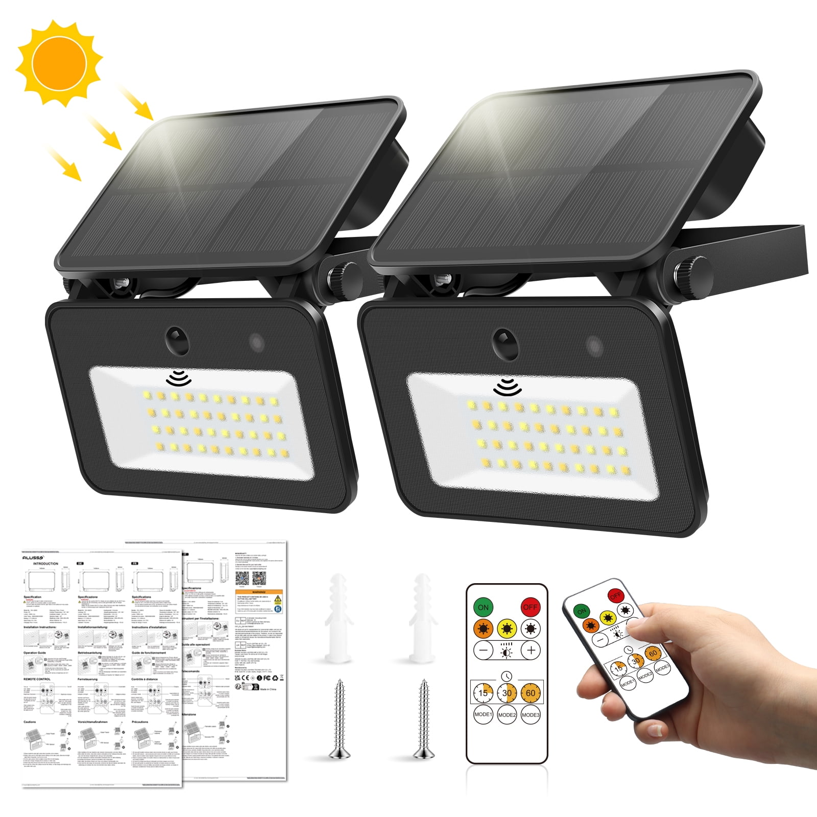 ALUSSO LED Solar Security Lights Outdoor 1000LM, Motion Sensor Flood Lamps with Remote Control, Dimmable&3CCT 3000K/4000K/6500K, 2 pcs for Garden Yard