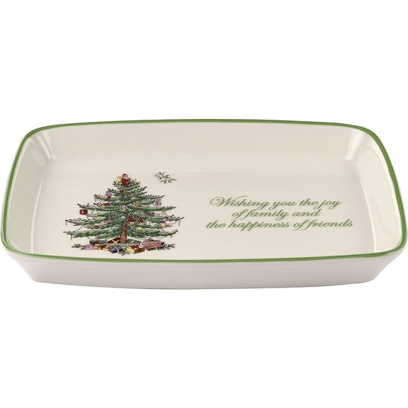 Spode Christmas Tree Rectangular Sentiment Tray (7" x 5") - Festive Earthenware Serving Plate for Holiday Snacks, Side Dishes, Treats, Durable Christmas Tableware - Microwave & Dishwasher Safe